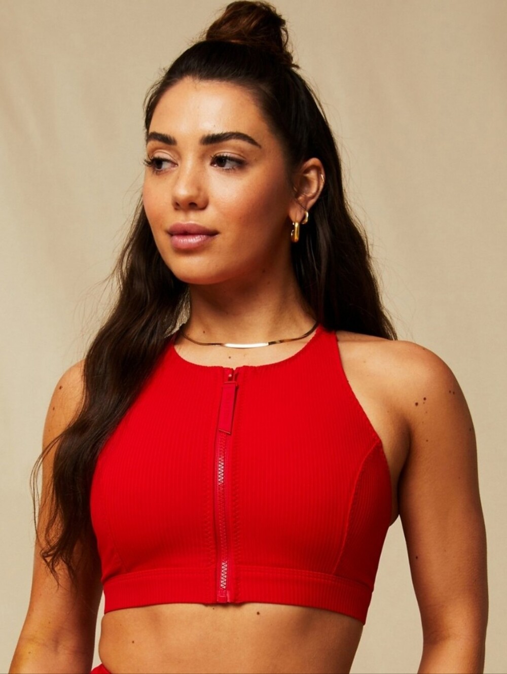 NWT Fabletics High Tide Zip Front Swim Top Red Sporty Bikini Swimsuit Ribbed M